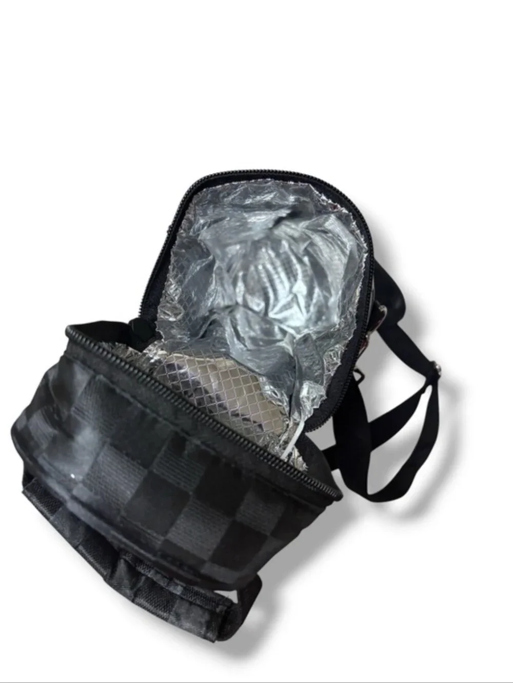 OPUX Checkered Black Insulated Wine Bottle Carrier Bag Adjustable Strap